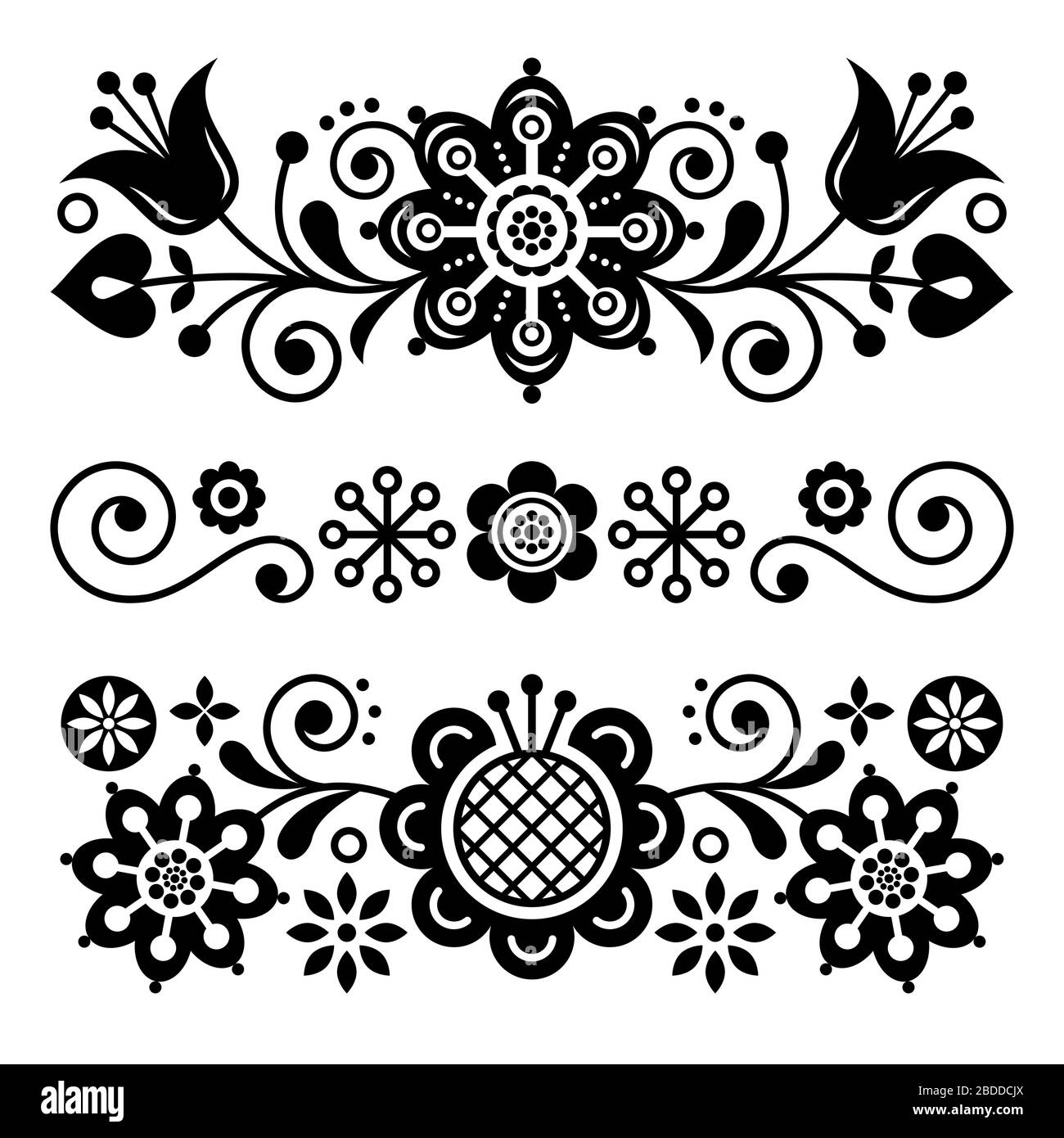 Biglietto d'auguri per l'arte folcloristica floreale, elementi di design, decorazioni in stile scandinavo con fiori e foglie, composizioni floreali retrò in bianco e nero Illustrazione Vettoriale