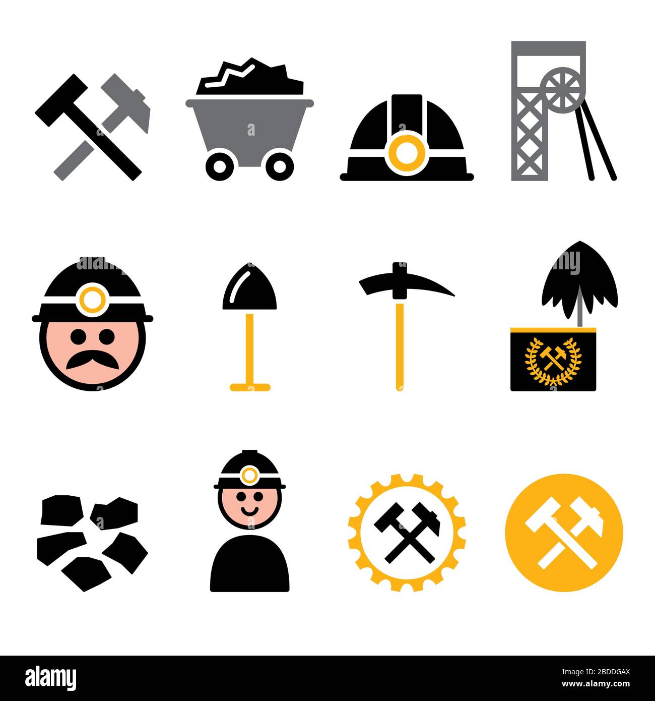 Miniera di carbone, set di icone vettoriali per minatori - industria mineraria, progettazione a colori per la produzione di carbone Illustrazione Vettoriale