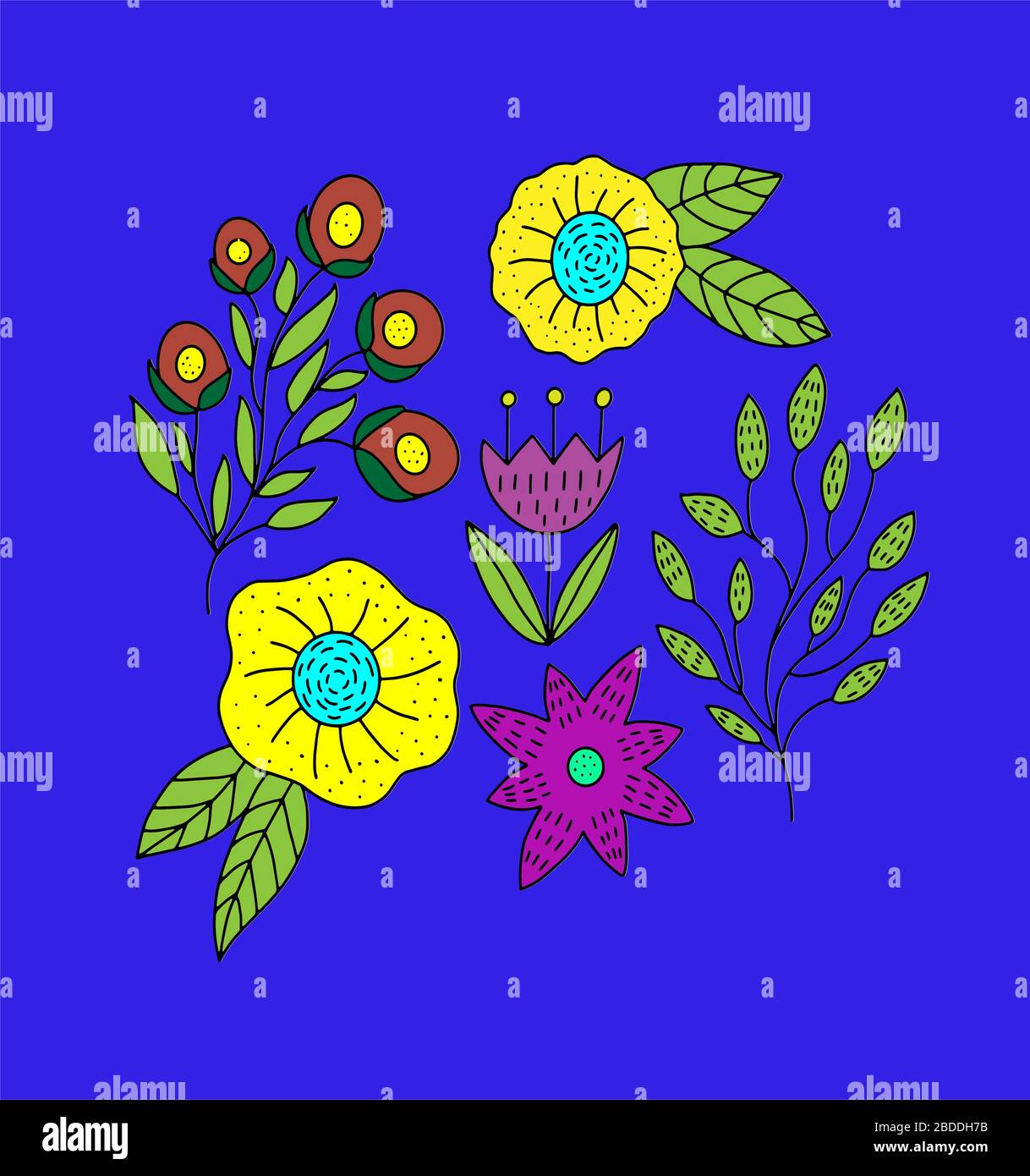 Giallo brillante, fiori rosa su sfondo blu, illustrazione per decorazione tessile, imballaggio, coperture Illustrazione Vettoriale