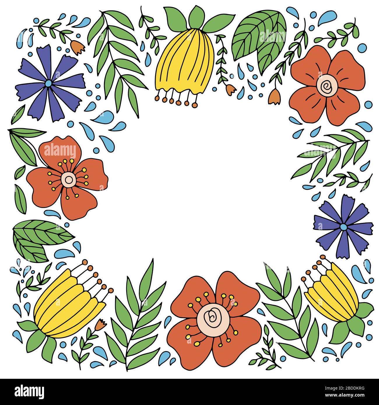 Cornice di fiori rossi, gialli, blu su sfondo bianco, in grafica vettoriale. Per la progettazione di schede, inviti, congratulazioni Illustrazione Vettoriale