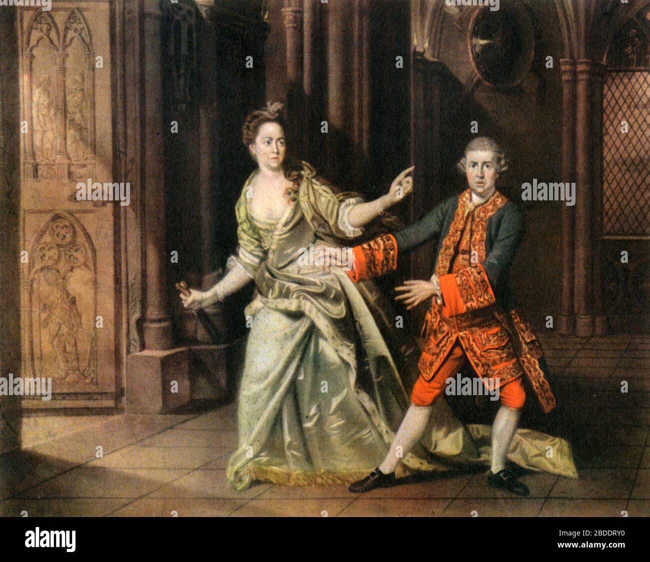 David Garrick e la signora Pritchard come Macbeth e Lady Macbeth, 1762-3. Di Johann Zoffany (1733-1810). David Garrick (1717-1779) influente, XVIII secolo, attore inglese, drammaturgo, direttore teatrale e produttore. Qui raffigurato con l'attrice inglese Hannah Pritchard (1711-1768). Foto Stock