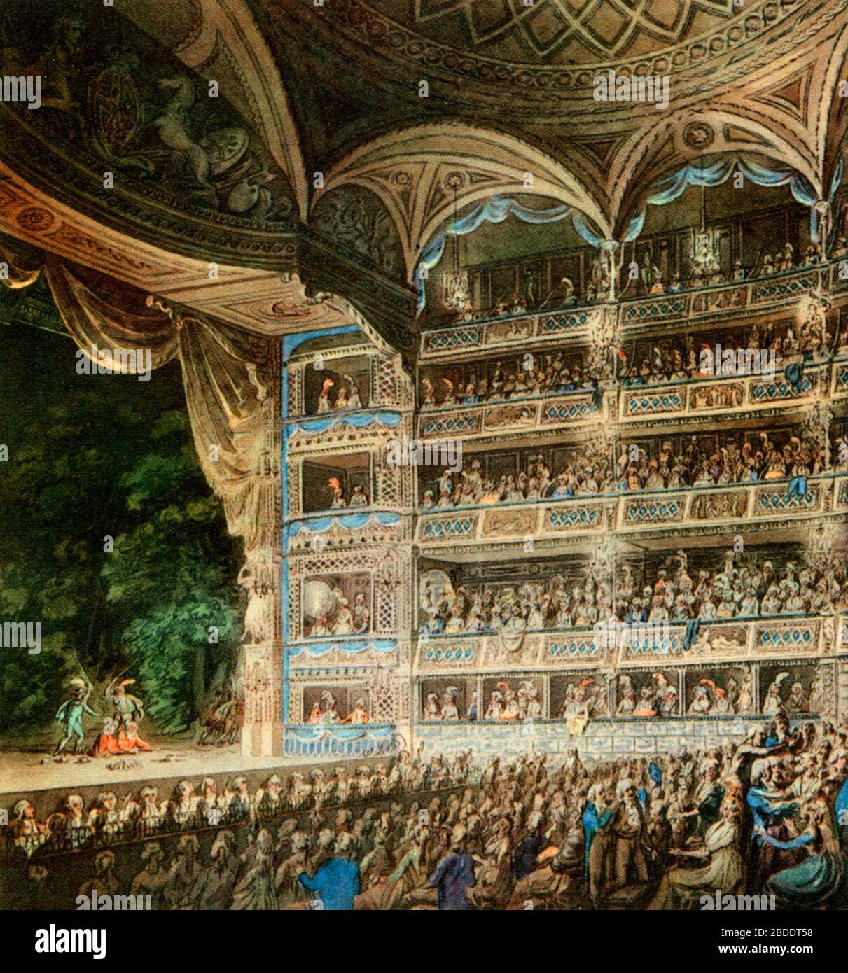 Interno del Drury Lane Theatre, 1795. Di Edward dayes (1763-1804). Il terzo teatro Drury Lane, progettato da Henry Holland, che è stato aperto il 12 marzo 1794. Dettaglio da un acquerello di Edward dayes datato 1795. Foto Stock