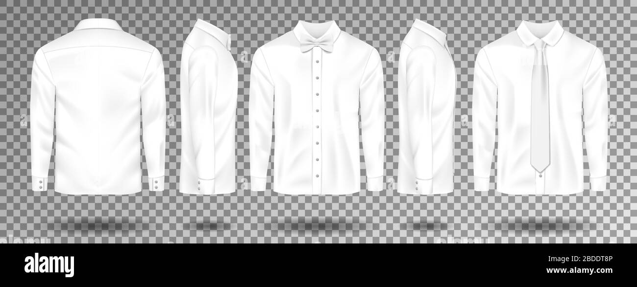 Camicia bianca maschio vuota con cravatta e dima con cravatta isolata. Maglia da uomo realistica con maniche lunghe, vista frontale, laterale e posteriore. Illustrazione vettoriale Illustrazione Vettoriale