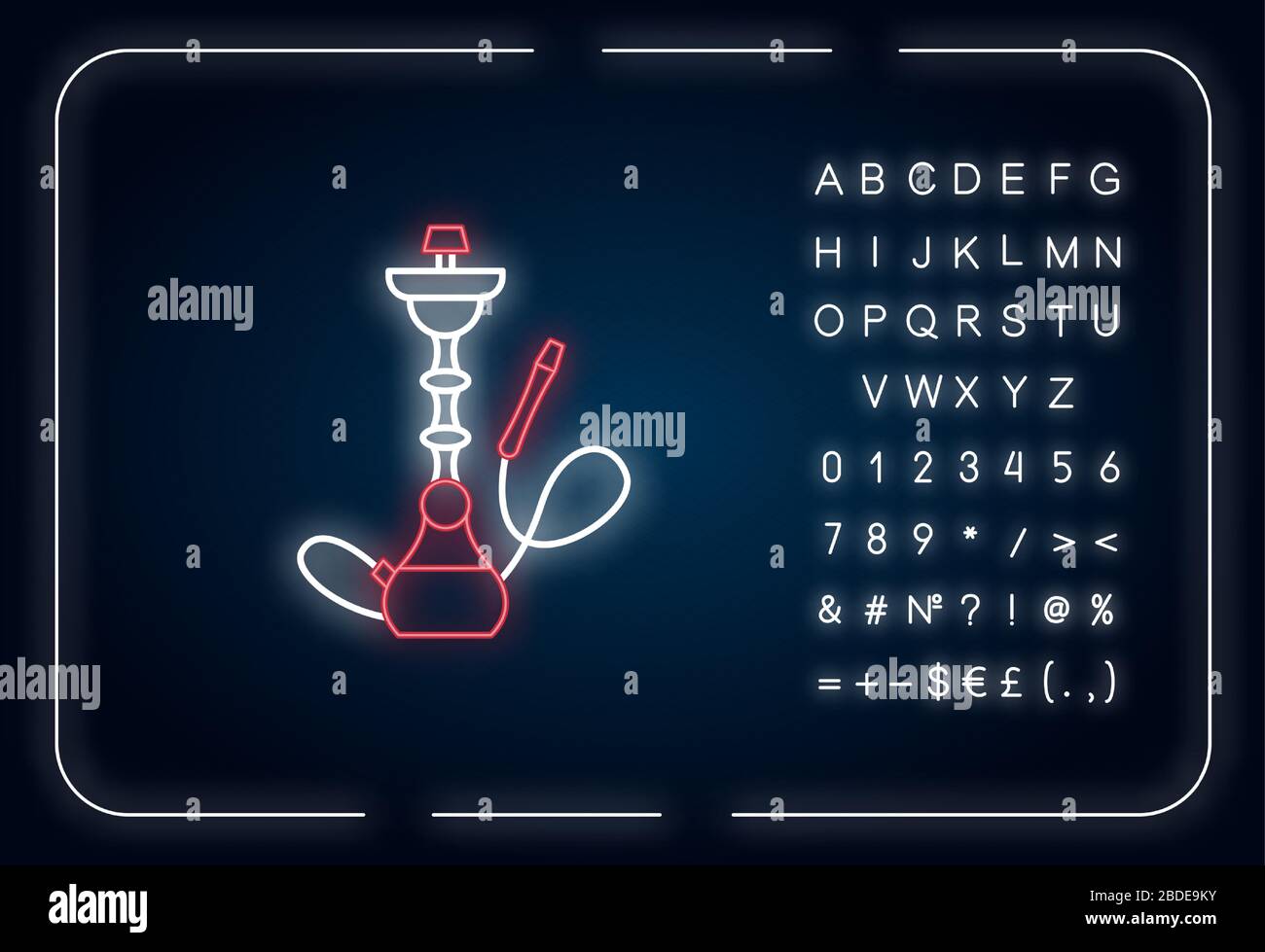 Icona della luce al neon di Hookah. Sheesha casa. Oggetto minimalistico. Salotto nargile. Odore dal tubo. Effetto luminoso esterno. Firmare con l'alfabeto, i numeri e. Illustrazione Vettoriale