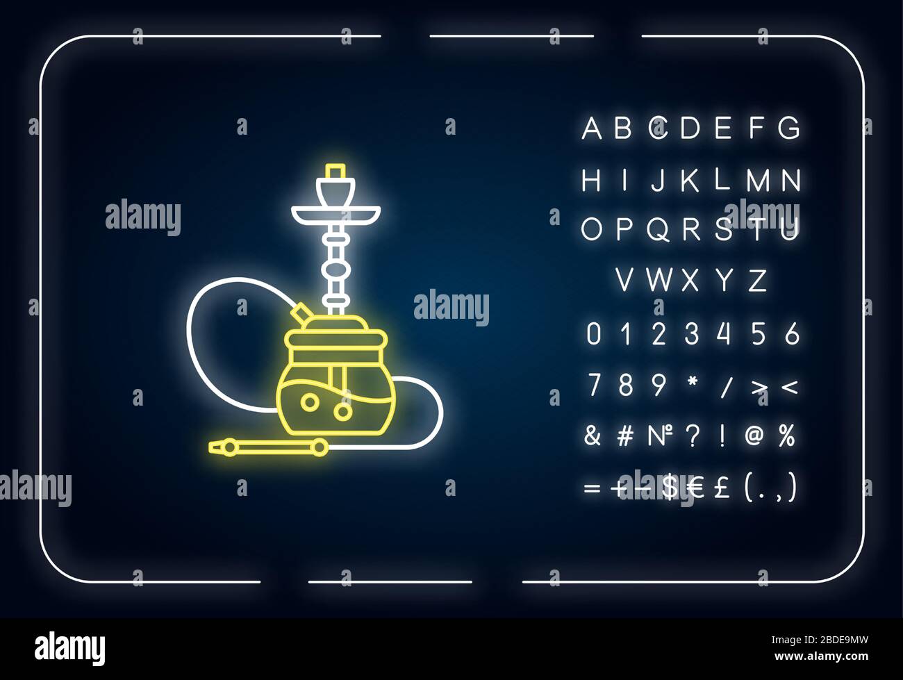 Icona della luce al neon di Hookah. Sheesha casa. Oggetto party. Salotto nargile. Odore dal tubo. Area fumatori. Effetto luminoso esterno. Firma con alfabeto, numeri Illustrazione Vettoriale