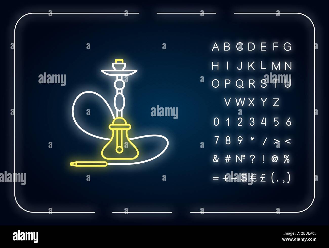 Icona della luce al neon di Hookah. Sheesha casa. Corpo con cappuccio assemblato. Salotto nargile. Area fumatori. Effetto luminoso esterno. Firmare con l'alfabeto, i numeri e. Illustrazione Vettoriale
