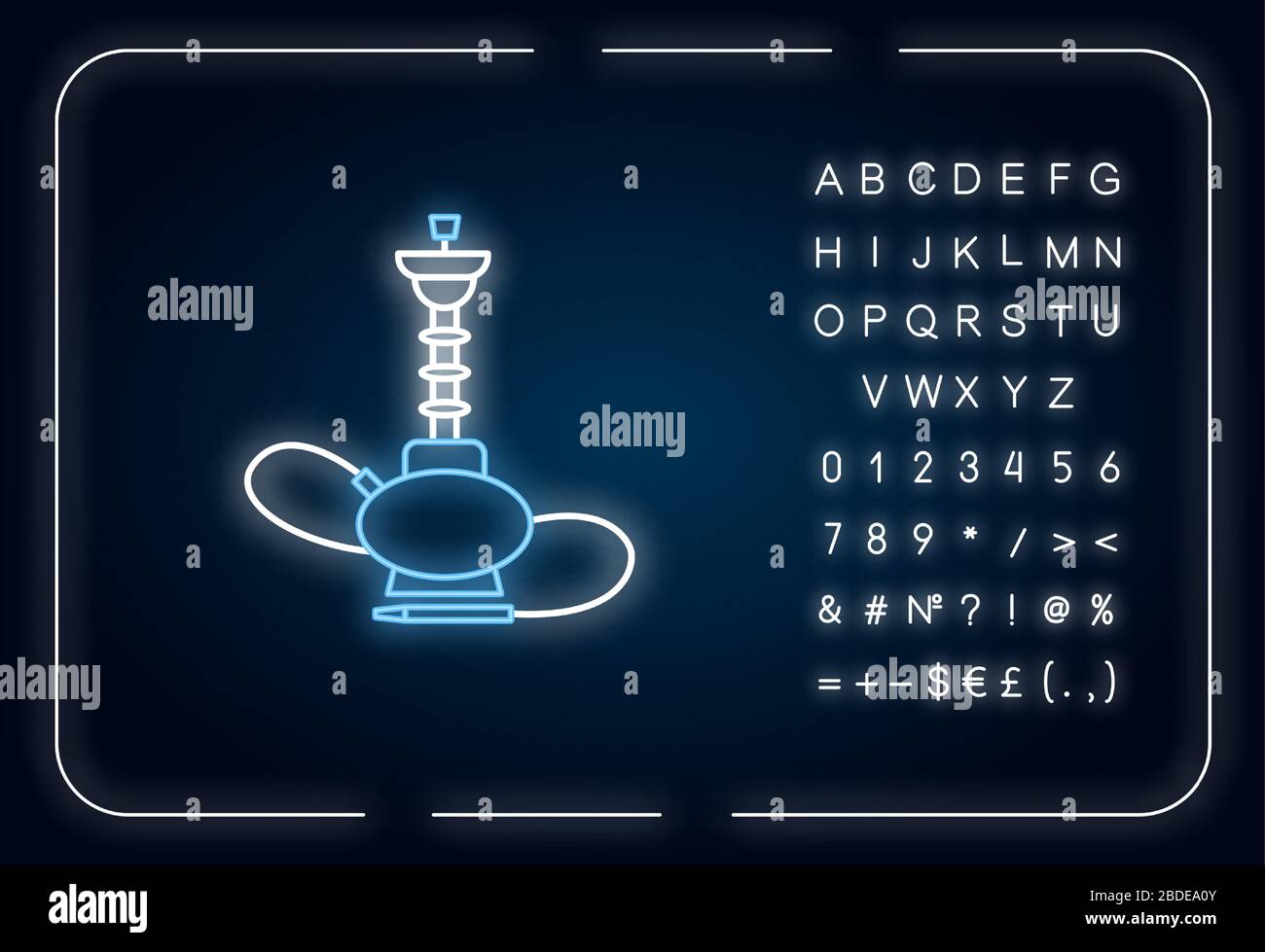 Icona della luce al neon di Hookah. Sheesha casa. Base sfera in vetro. Popolare salotto nargile. Area fumatori. Effetto luminoso esterno. Firmare con l'alfabeto, i numeri e. Illustrazione Vettoriale