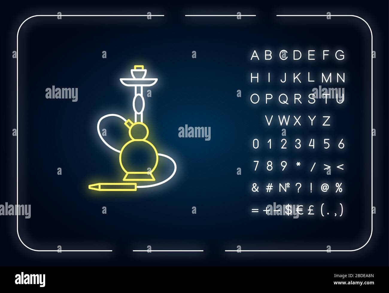 Icona della luce al neon di Hookah. Sheesha casa. Relax egiziano. Salotto nargile. Area fumatori. Effetto luminoso esterno. Firmare con l'alfabeto, i numeri e. Illustrazione Vettoriale