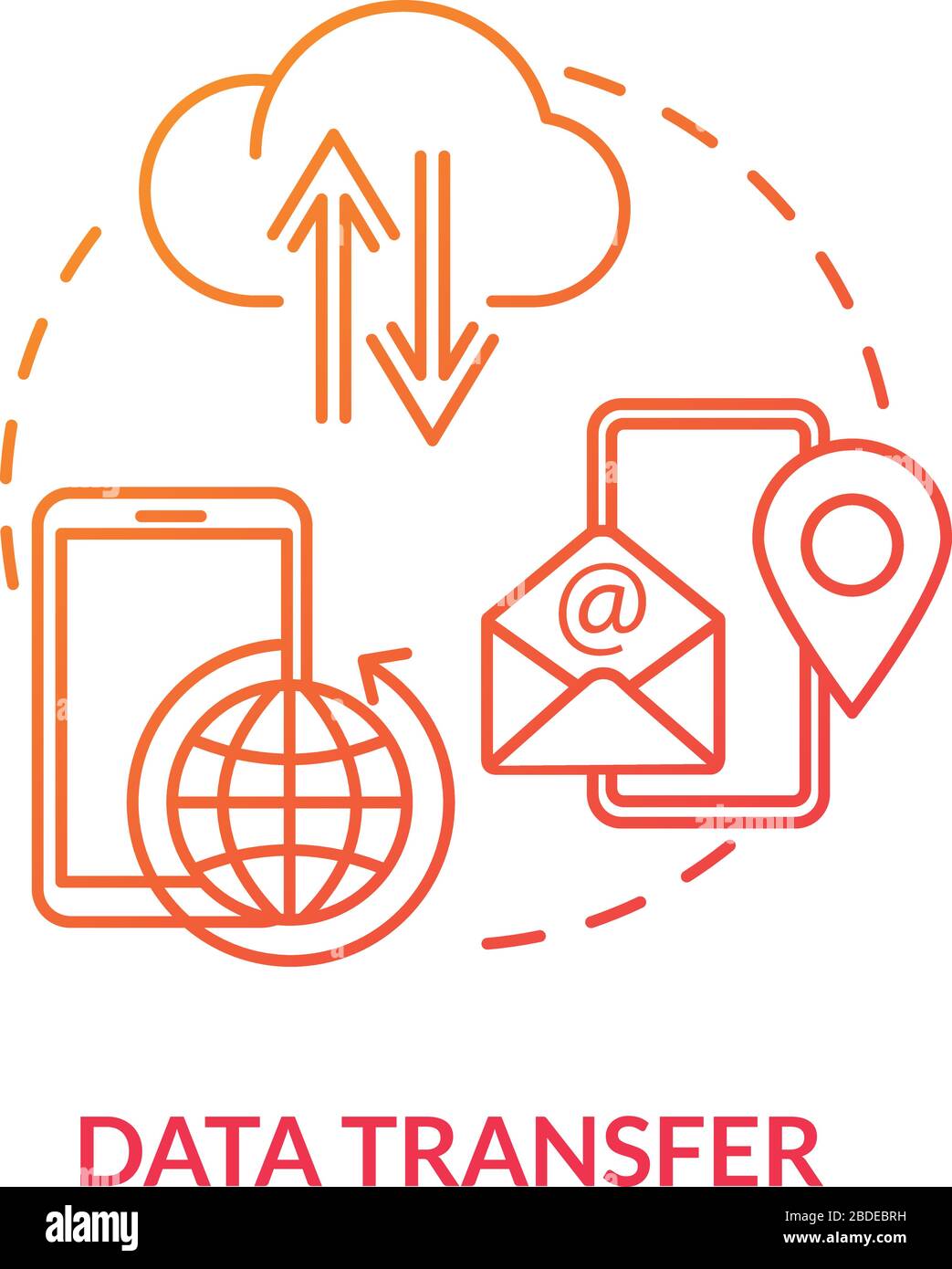 Icona rossa del concetto di trasferimento dati. Carica informazioni online. Servizio di rete. Scambio di file. Connessione con lo smartphone. Illustrazione delle linee sottili dell'idea di roaming Illustrazione Vettoriale