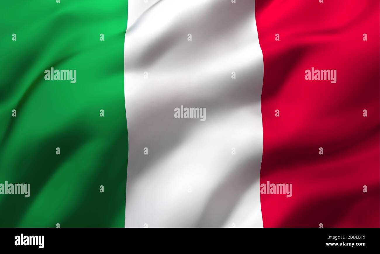 Bandiera d'Italia che soffia nel vento. Bandiera di bandiera italiana a pagina intera. Illustrazione 3D. Foto Stock