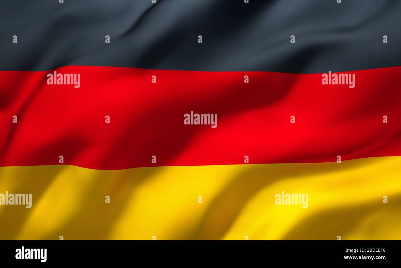 Bandiera della Germania che soffia nel vento. Bandiera di bandiera tedesca a pagina intera. Illustrazione 3D. Foto Stock