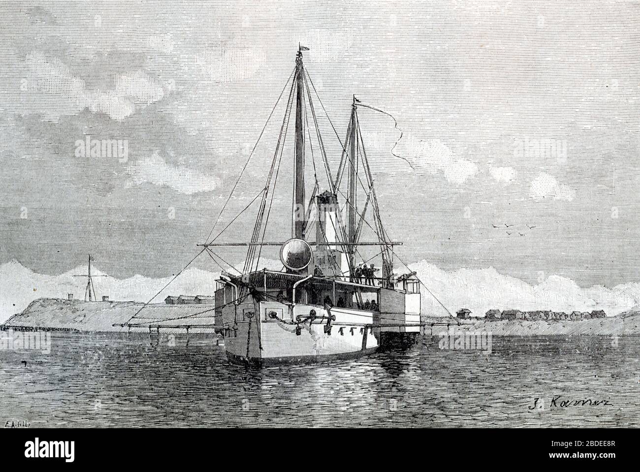 Nave francese le Pingouin ormeggiata a Obock o Obok, Gibuti, nel Golfo di Aden. Vintage o Old Illustration o Engraving 1887 Foto Stock