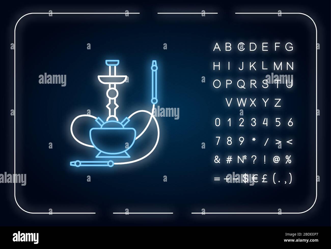 Icona della luce al neon di Hookah. Sheesha casa. Salotto nargile. Odore dal tubo. Area fumatori. Base rotonda. Effetto luminoso esterno. Firmare con l'alfabeto, i numeri e. Illustrazione Vettoriale