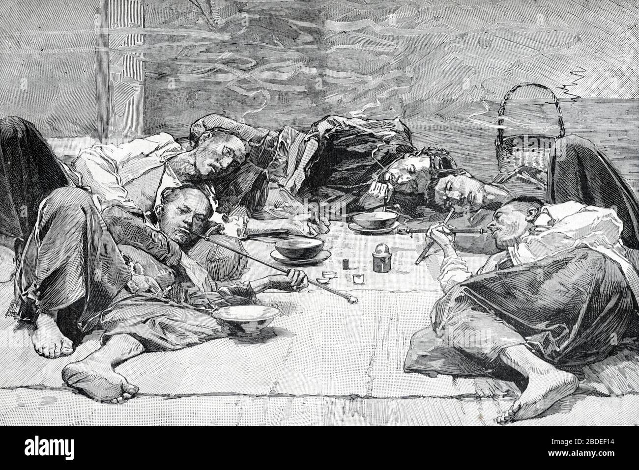 Fumatori di oppio a Indochina o in Vietnam. Vintage o Old Illustration o Engraving 1887 Foto Stock