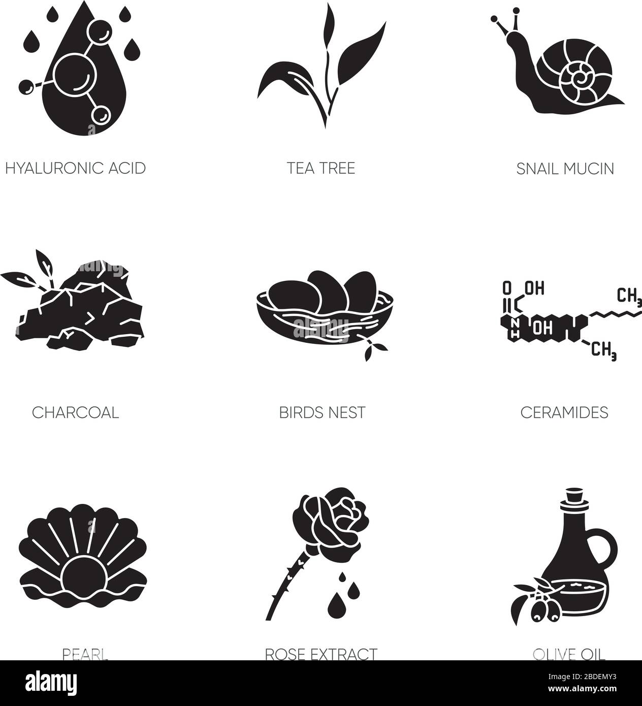 Ingrediente cosmetico icone glyph nero impostato su spazio bianco. Formula chimica per cosmetologia. Trattamento dermatologico. Prodotti naturali per la cura della pelle Illustrazione Vettoriale