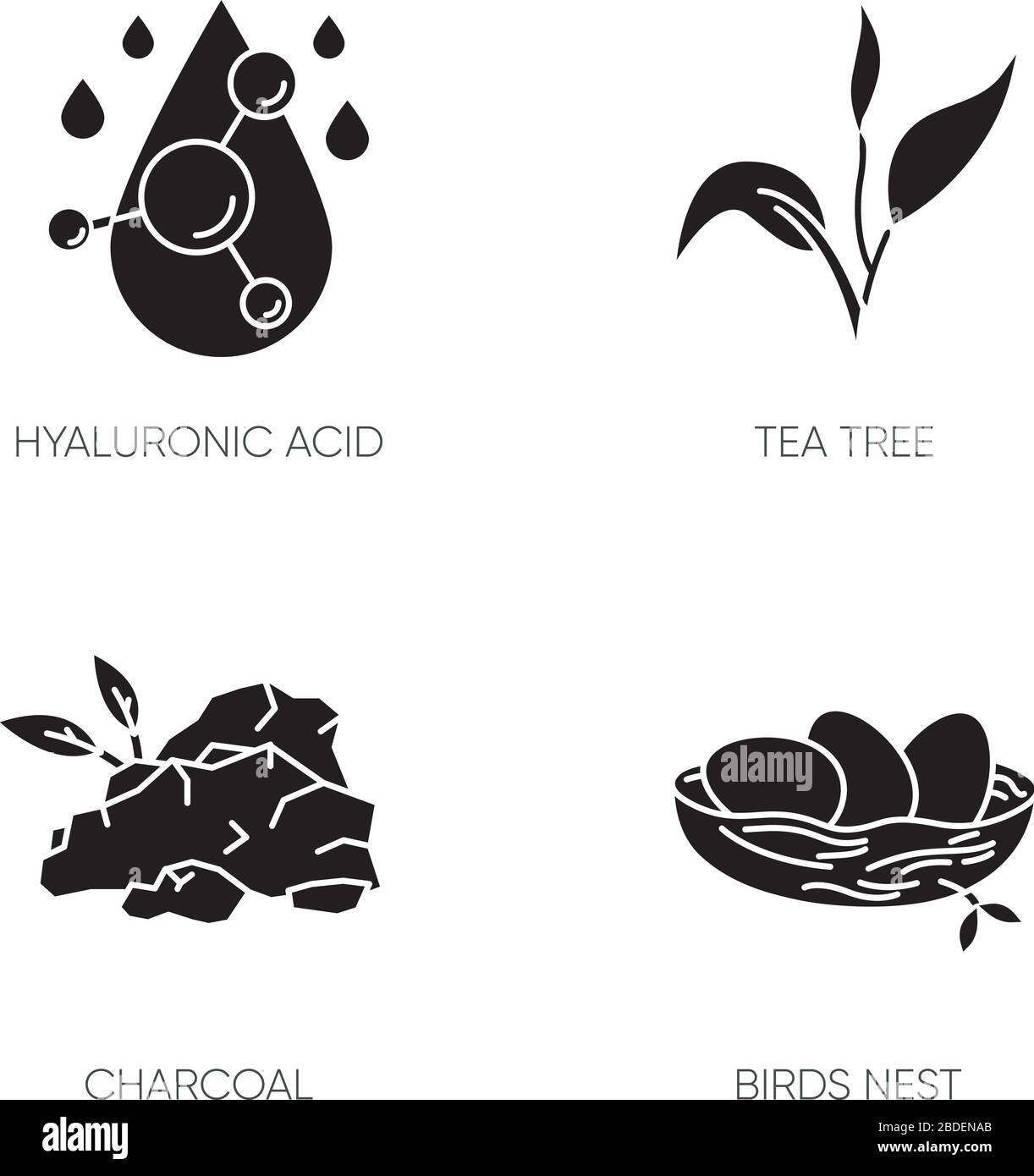 Ingrediente cosmetico icone glyph nero impostato su spazio bianco. Acido ialuronico. Albero del tè. Carbone. Nido di uccelli. Trattamento di cura della pelle. Bellezza coreana Illustrazione Vettoriale
