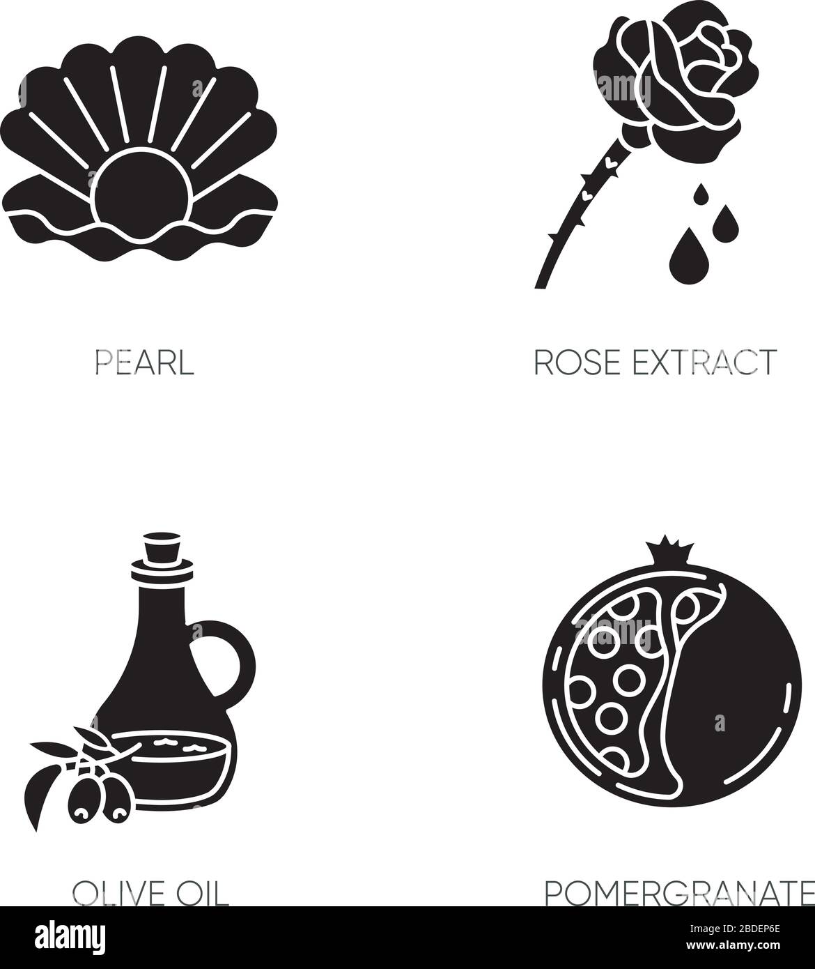 Ingrediente cosmetico icone glyph nero impostato su spazio bianco. Perla in guscio di ostriche. Estratto di rosa. Olio d'oliva. Melograno a fette. Bellezza, cura della pelle Illustrazione Vettoriale