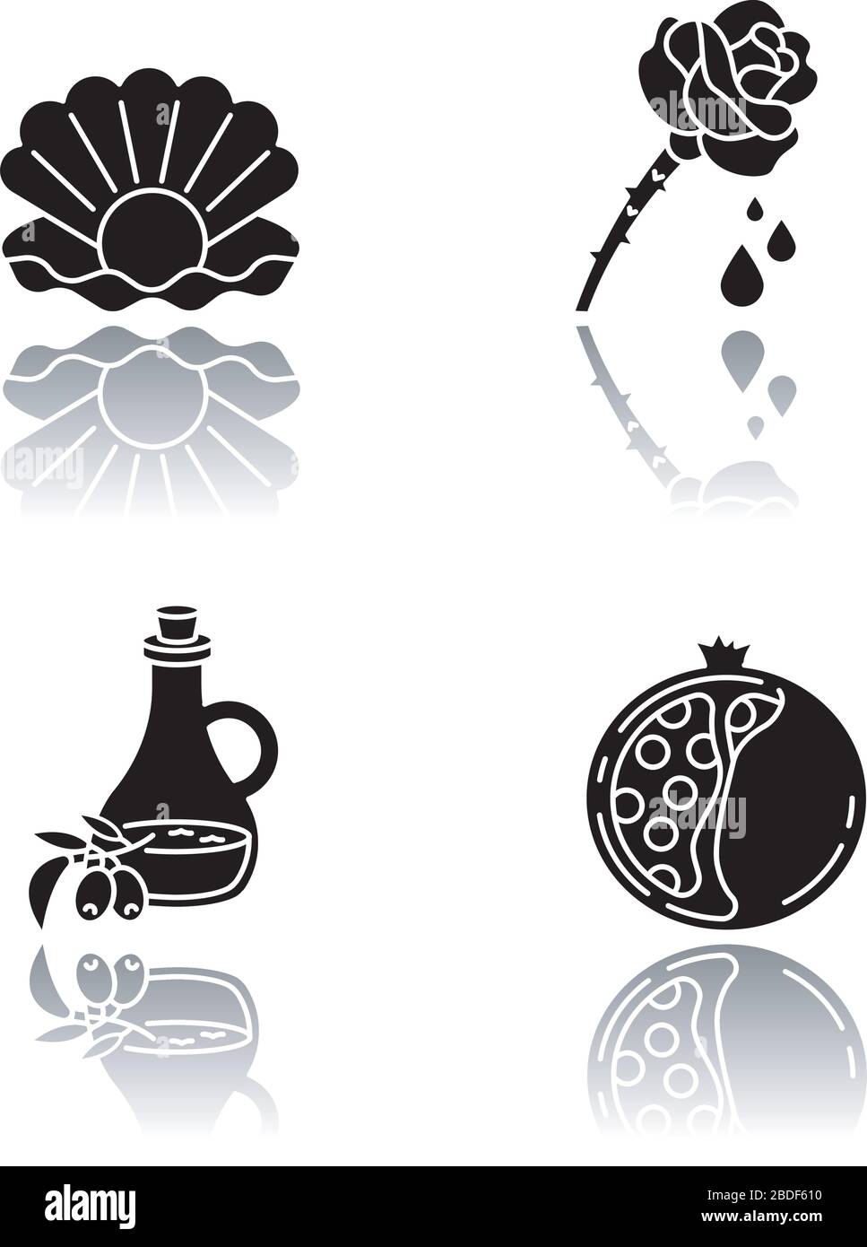 Ingrediente cosmetico ombra ombra nero glyph icone impostato. Perla in guscio di ostriche. Estratto di rosa. Olio d'oliva. Melograno a fette. Bellezza coreana. Isolato Illustrazione Vettoriale