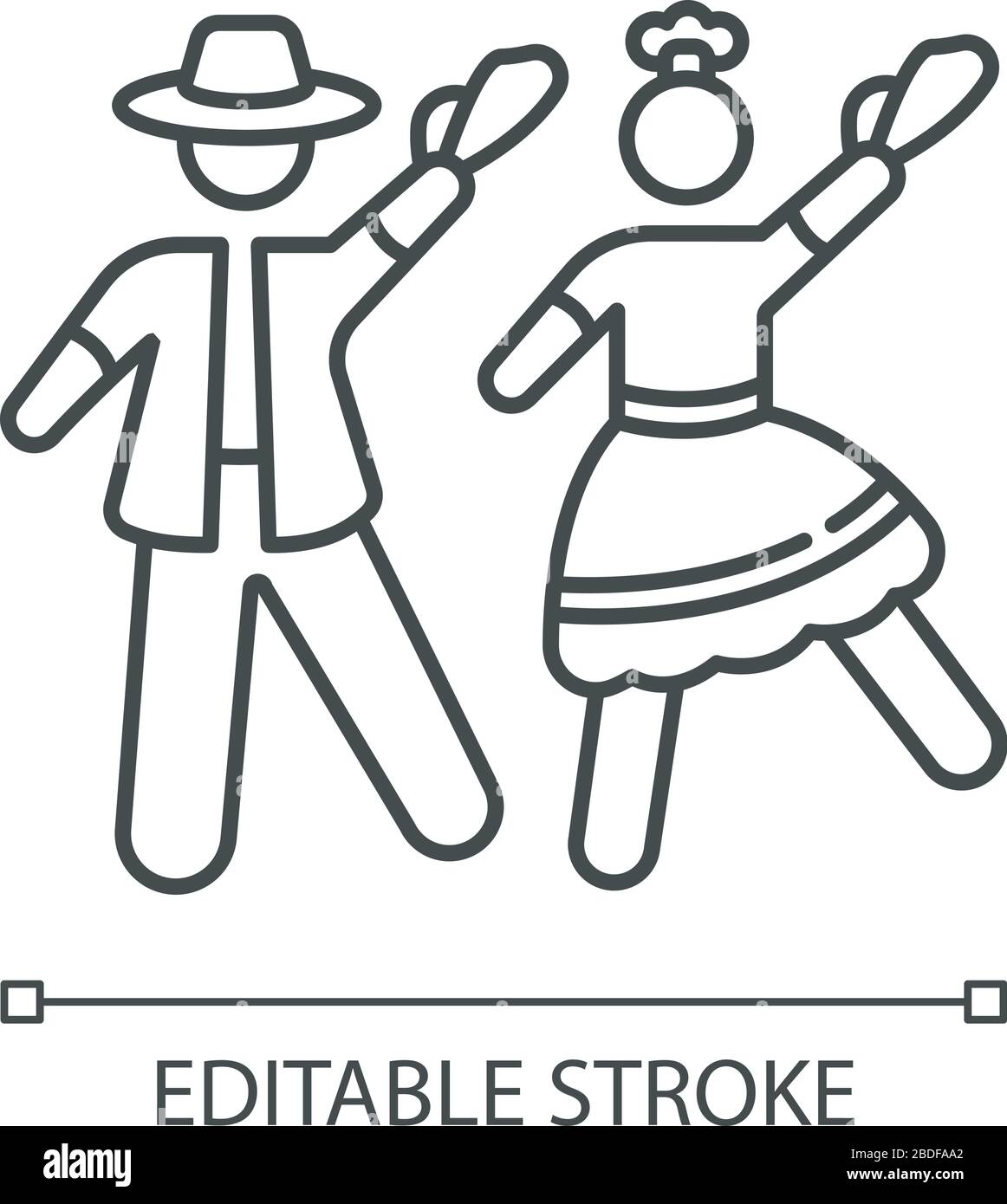 Icona lineare perfetta pixel Marinera. Danza tradizionale peruviana coppia. Ballerini uomo e donna. Illustrazione personalizzabile a linee sottili. Simbolo contorno Illustrazione Vettoriale
