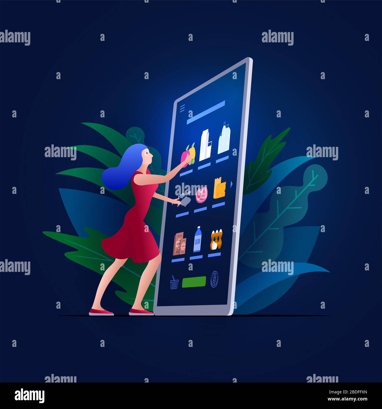 Acquisti online su smartphone, tablet o notebook digitali. Illustrazione vettoriale del concetto di e-commerce. Rimani a casa e fai acquisti online. Foto Stock