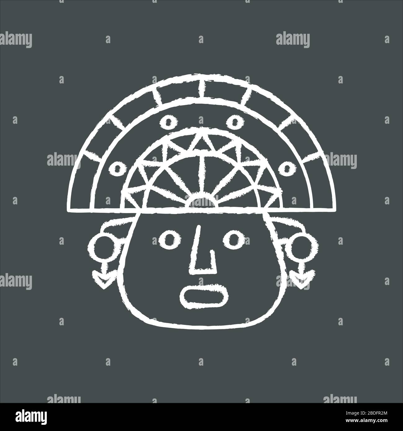 L'icona Incas gesso bianco su sfondo nero. L'uomo faccia in tradizionale Headdress inca. Maschera cerimoniale azteca. Antica testa di idolo sudamericano Illustrazione Vettoriale