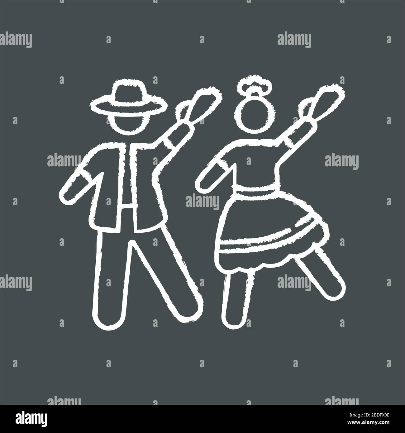 Marinera gesso bianco icona su sfondo nero. Peruviana tradizionale coppia danza romantica. Ballerini uomo e donna. Perù festival nazionale di coreografia Illustrazione Vettoriale
