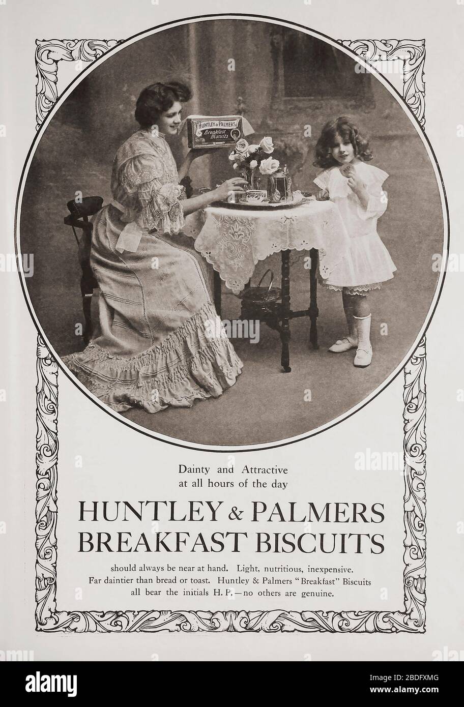 EDITORIALE Annuncio per Huntley & Palmers Breakfast Biscuits nell'edizione di giugno 1907 di The Graphic, un quotidiano illustrato settimanale, pubblicato a Londra dal 1869 al 1932. Foto Stock