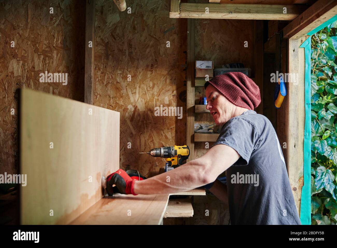 Carpentiere che lavora in capannone Foto Stock
