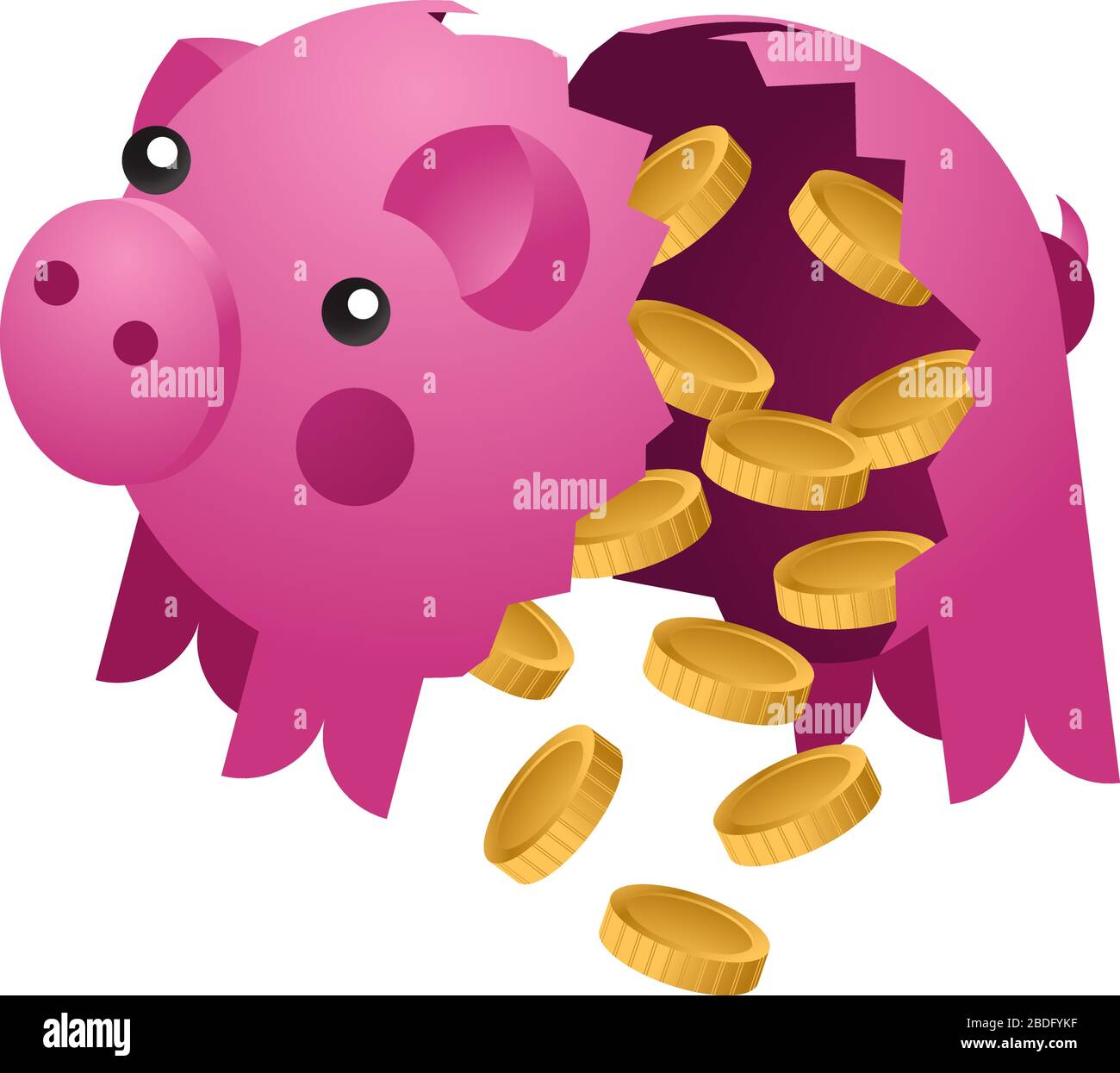 Banca di piccini rotta con monete. Illustrazione vettoriale di porcellino in ceramica Illustrazione Vettoriale