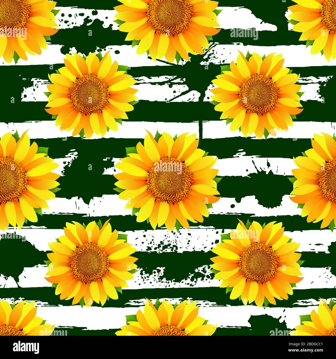 Modello senza cuciture con girasoli su strisce verdi astratte e vettore di sfondo blot Illustrazione Vettoriale