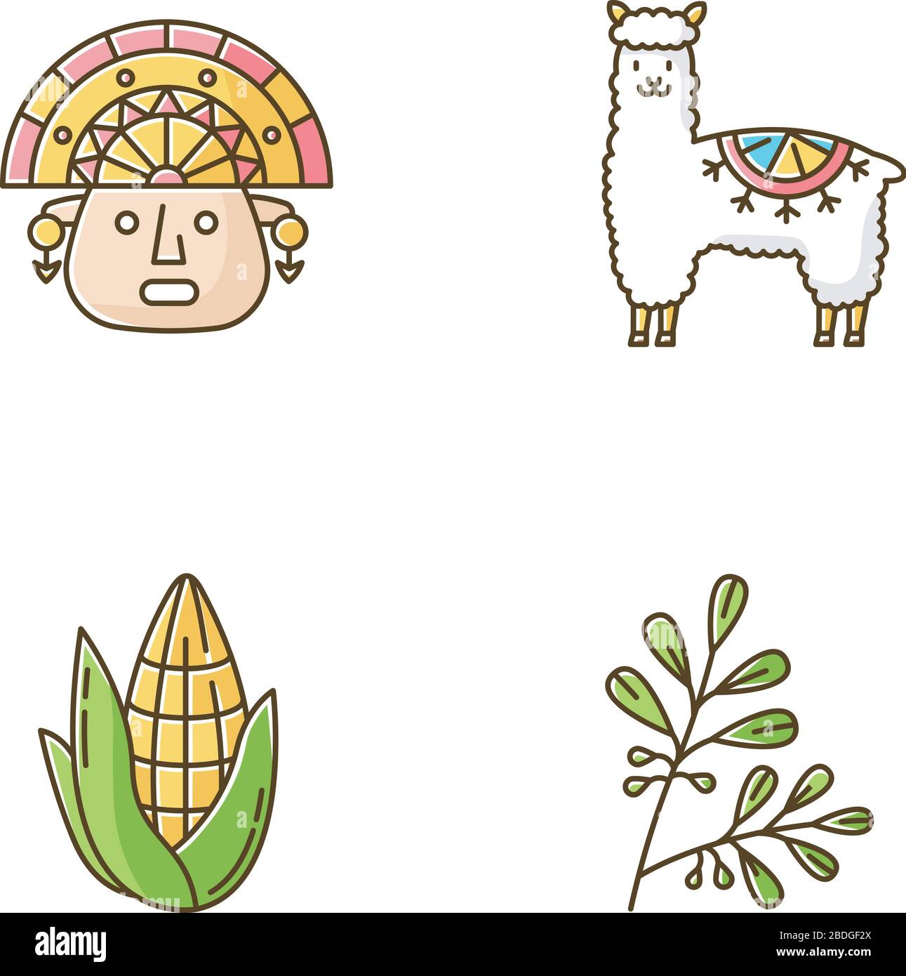 Icone colore RGB Perù impostate. Caratteristiche del paese andino. Alpaca, incas, mais, coca. Storia degli Incas e tradizioni di vita. Costumi peruviani. Viaggiando in Sud Illustrazione Vettoriale