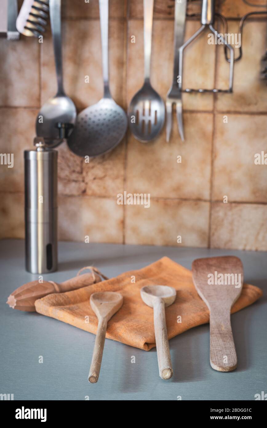 utensili in legno senza rifiuti kitchen.concept. Foto Stock