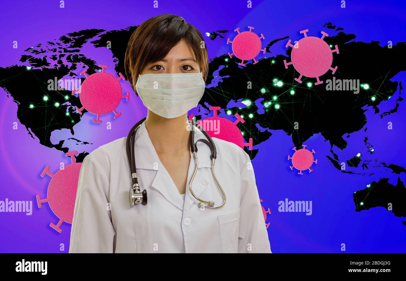 Medico asiatico americano con coronavirus su sfondo mappa Foto Stock