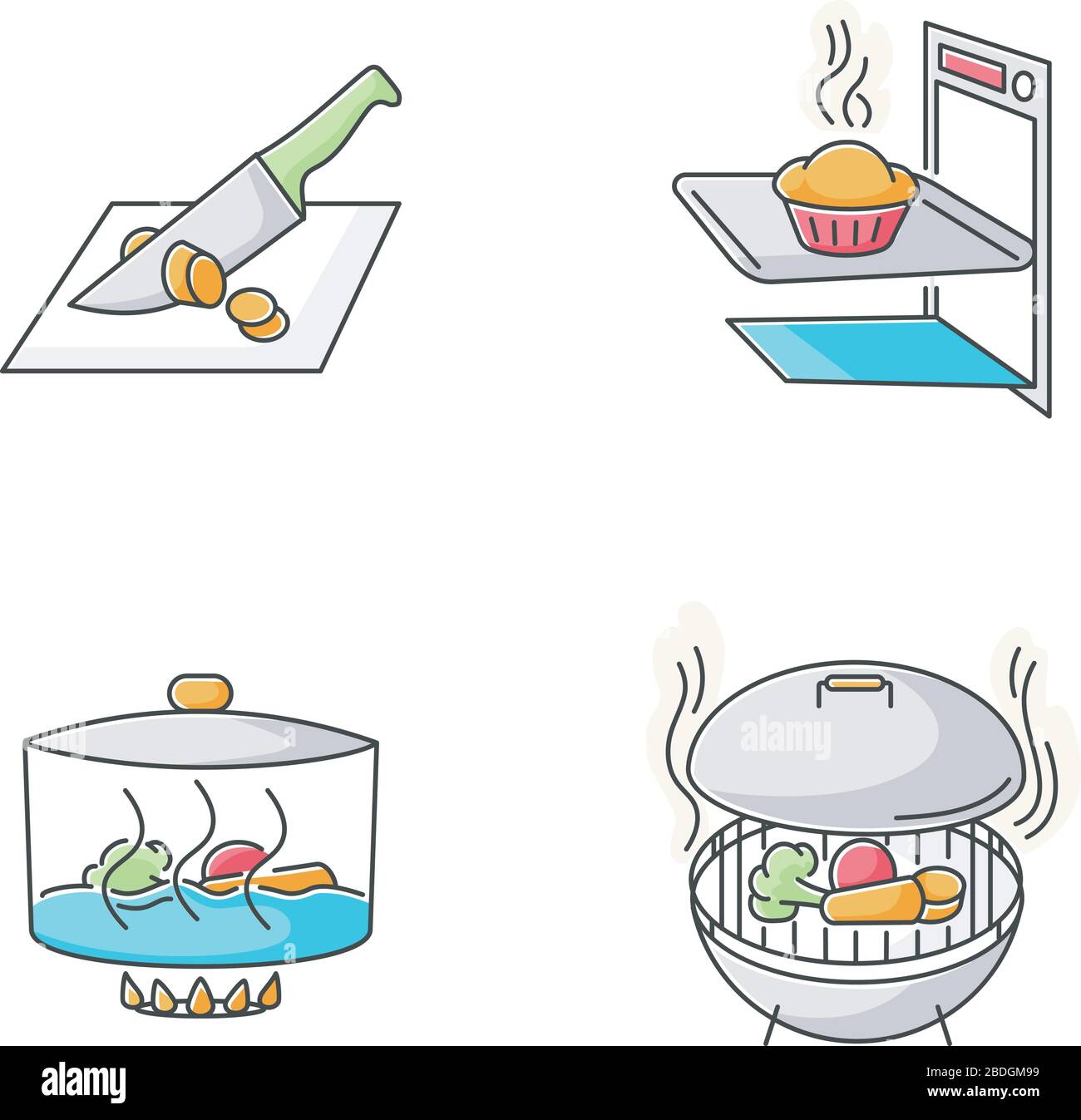 Metodi di cottura icone colore RGB impostate. Varie tecniche culinarie,  processo di preparazione dell'alimento. Vettore isolato di taglio, cottura,  cottura a vapore e cottura alla griglia Immagine e Vettoriale - Alamy