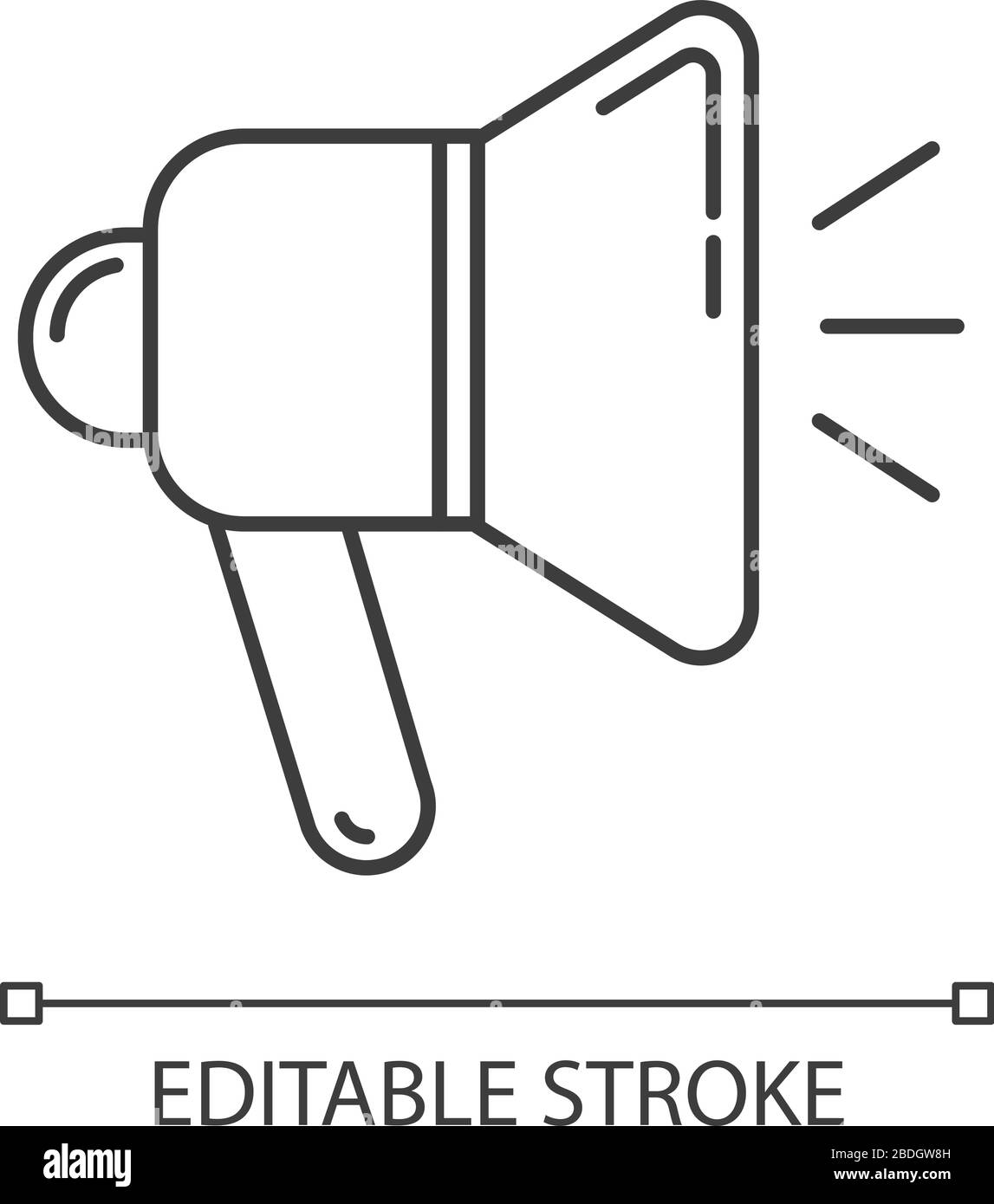 Icona lineare perfetta pixel altoparlante. Avviso con megafono. Cartello Bullhorn. Trasmissione audio. Illustrazione personalizzabile a linee sottili. Simbolo contorno Illustrazione Vettoriale