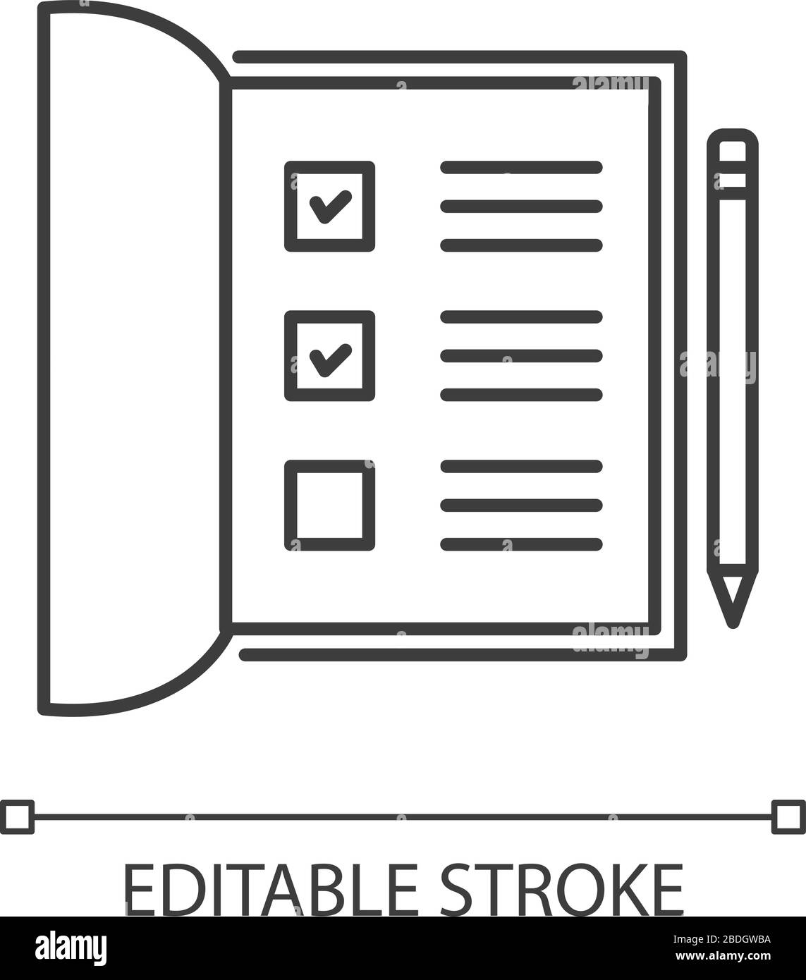 Apri l'icona lineare Perfect pixel del notebook. Elenco con caselle di controllo contrassegnate. Contrassegnare le caselle per il sondaggio. Illustrazione personalizzabile a linee sottili. Simbolo contorno. Vettore Illustrazione Vettoriale
