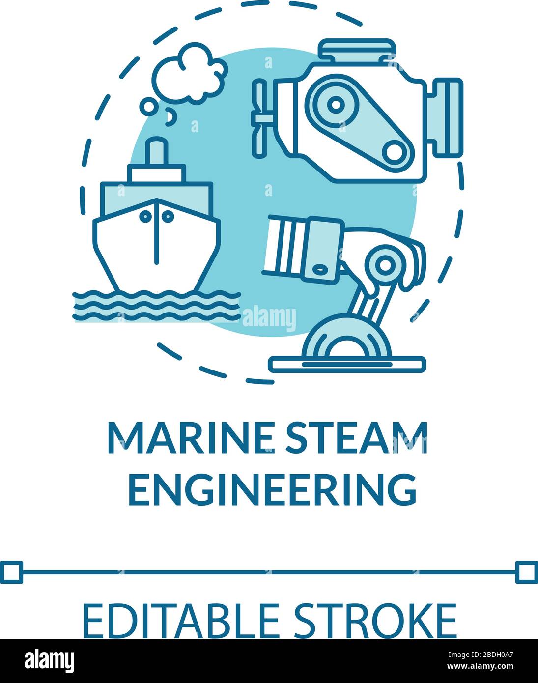 Icona del concetto turchese di ingegneria del vapore marino. Spedire con motore a vapore. Illustrazione sottile dell'idea di manutenzione del serbatoio dell'acqua. Vettore isolato Illustrazione Vettoriale