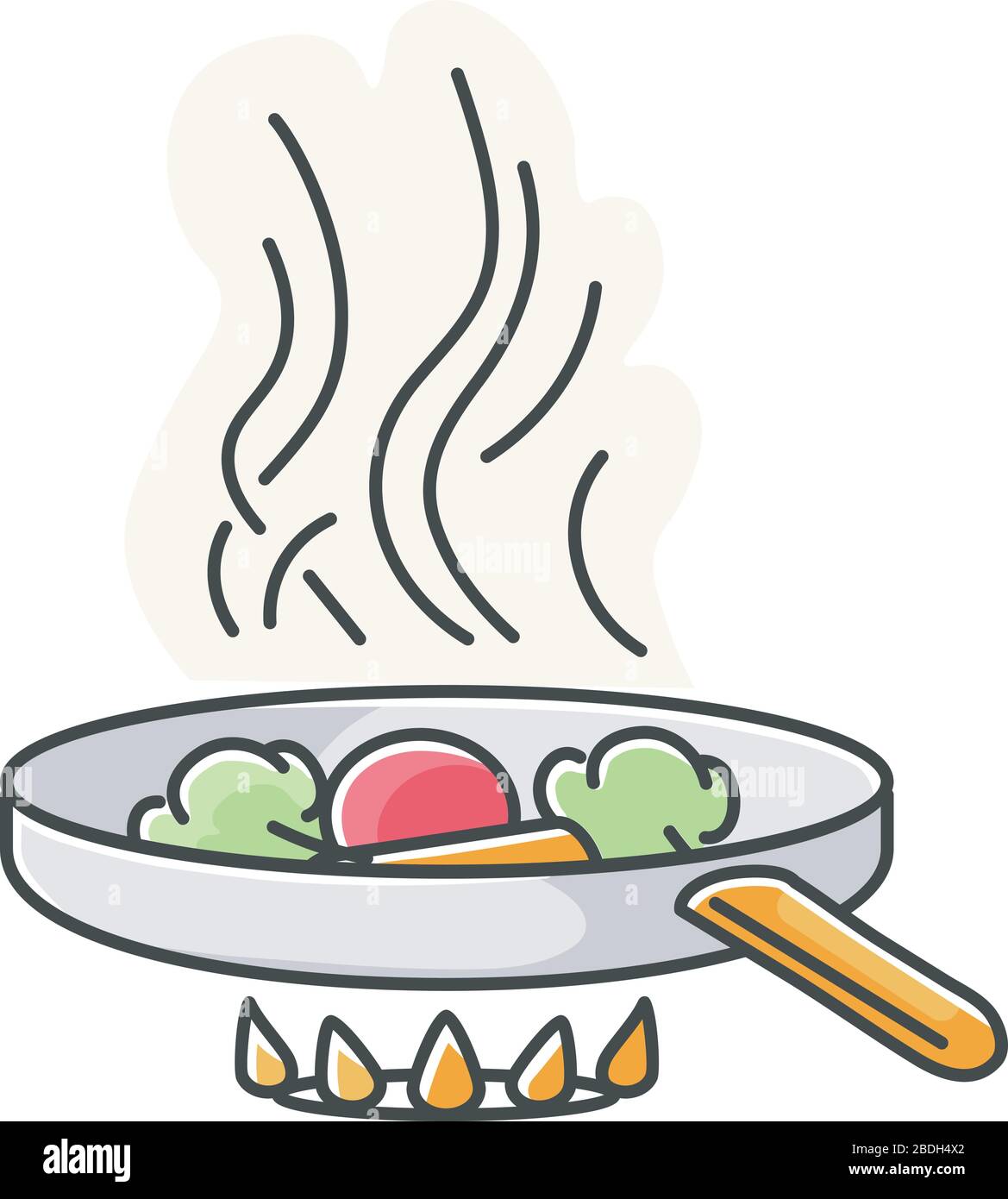 Icona colore RGB frittura. Preparazione rapida degli alimenti, preparazione dei pasti in olio. Tecnica culinaria. Pentola di cottura con ingredienti su forno fuoco isolato vettore Illustrazione Vettoriale