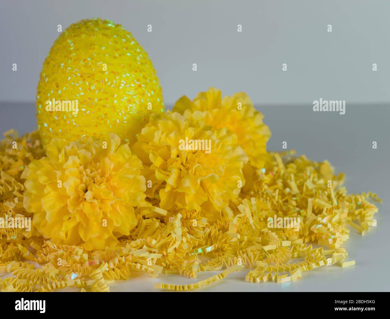 Uovo giallo di Pasqua seduto su un letto di carta gialla frredde con garofani gialli su uno sfondo bianco. Decorazioni di Pasqua! Foto Stock