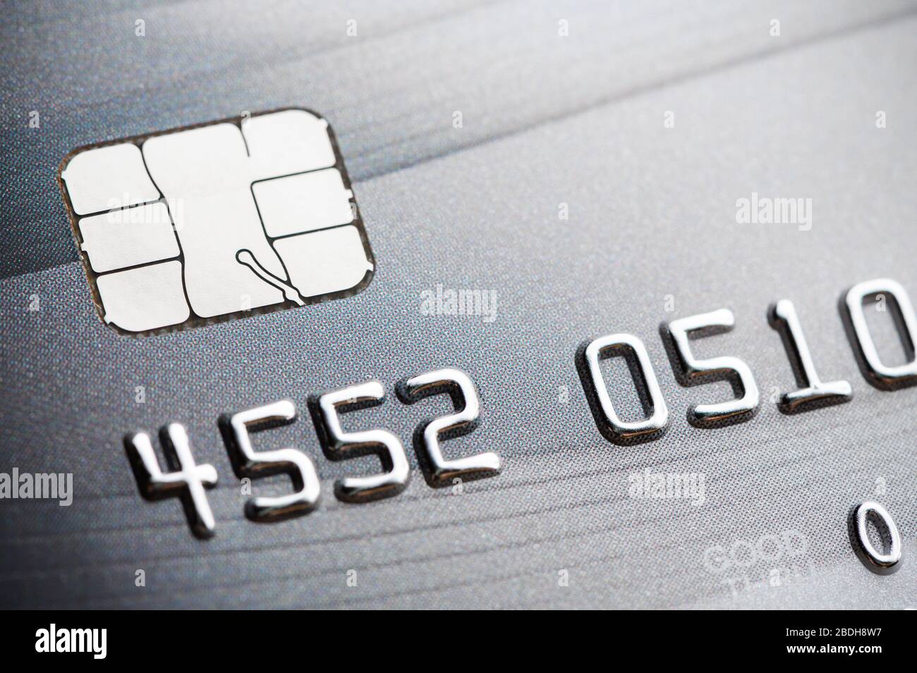 Primo piano del microchip della carta di credito Foto Stock