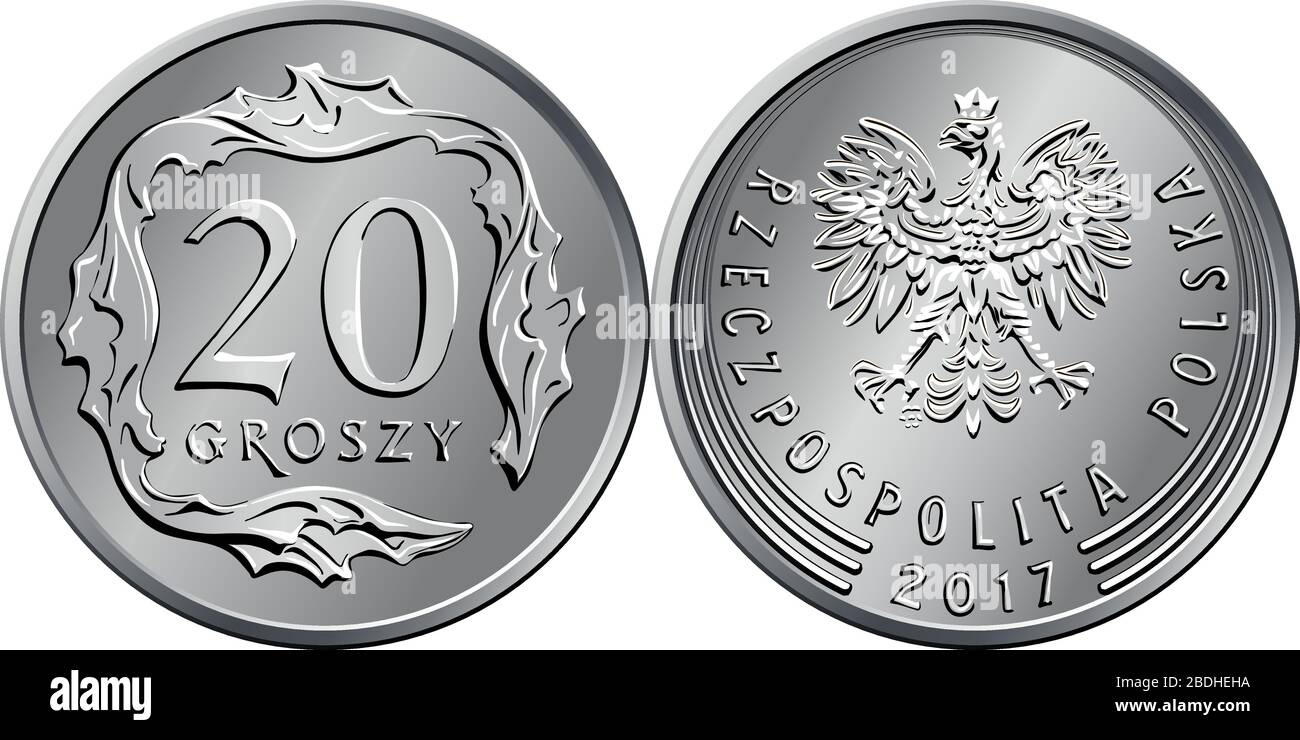 Vector Polish Money Twenty groszy argento moneta inversa con valore e 20 foglie a forma di quadrato, obverse con aquila in corona Illustrazione Vettoriale