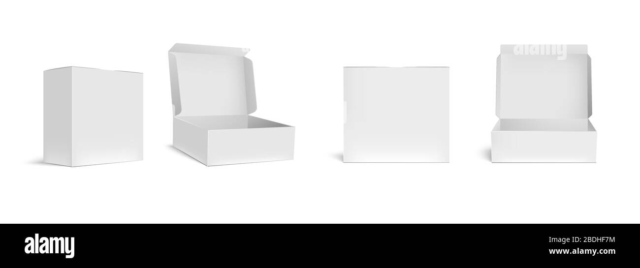 Contenitore bianco aperto e chiuso. Scatole di imballaggio aperte, confezioni rettangolari vuote e set di illustrazioni vettoriali 3d realistiche. Bianco quadrato Illustrazione Vettoriale