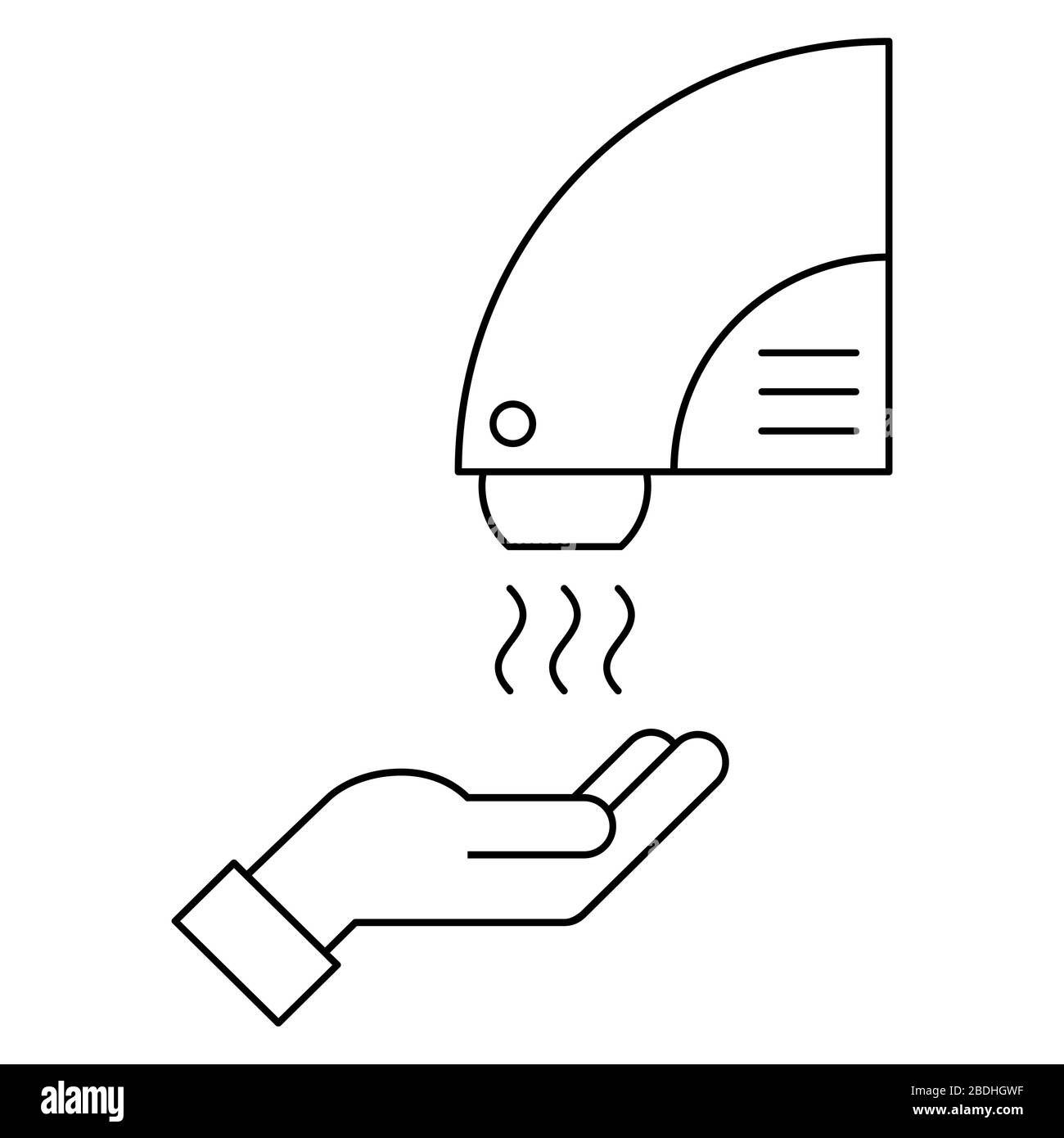 Icona della linea dell'essiccatore manuale. Lavare le mani in modo sicuro. Essiccatore manuale automatico con sensore. Protezione antibatterica e antivirus senza contatto. Vettore Illustrazione Vettoriale
