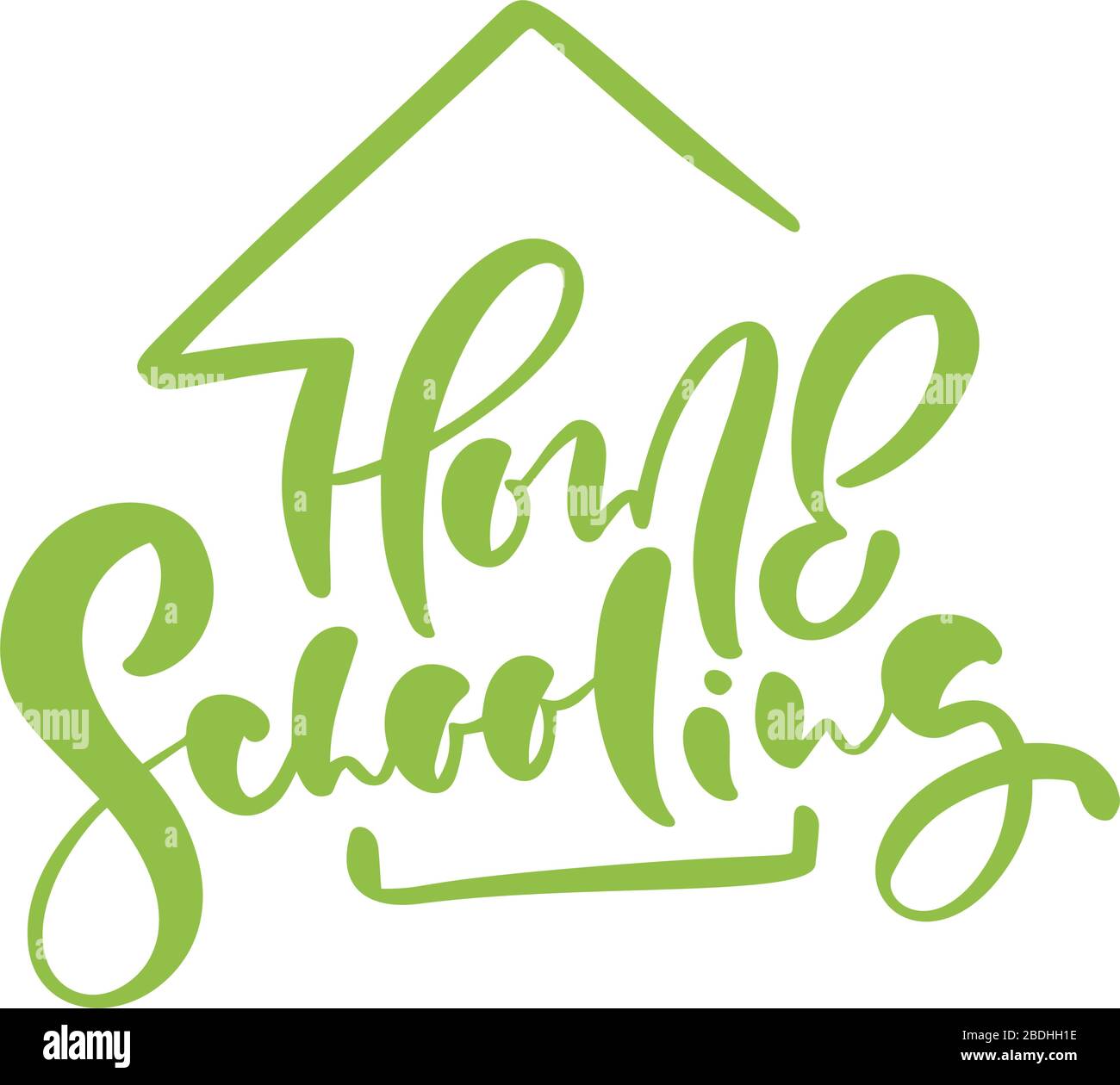 Concetto di casa scuola logo. Vector Home scuola calligrafia testo e casa icona. Per studiare a casa online. Illustrazione emblema di Illustrazione Vettoriale
