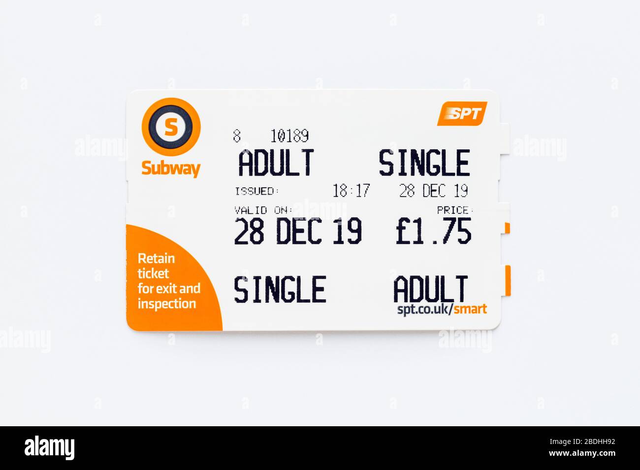 Biglietto della metropolitana di Glasgow su sfondo bianco, Scozia, Regno Unito Foto Stock
