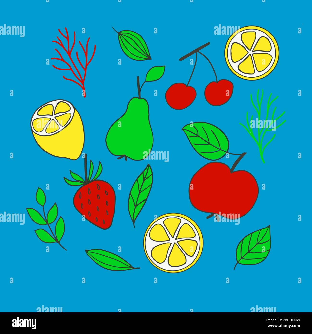 Set di frutti luminosi, bacche e foglie su sfondo blu in grafica vettoriale. Per la progettazione di carta da parati, carta da imballaggio, stampe su tessuti Illustrazione Vettoriale