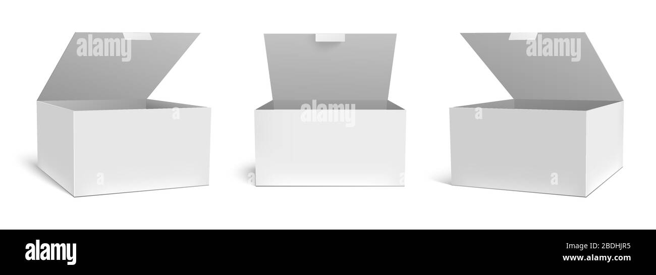 Realistico mockup open box. Confezioni gift box bianche, confezione aperta e set di template vettoriali per confezioni rettangolari vuote. Pacco quadrato di cartone Illustrazione Vettoriale