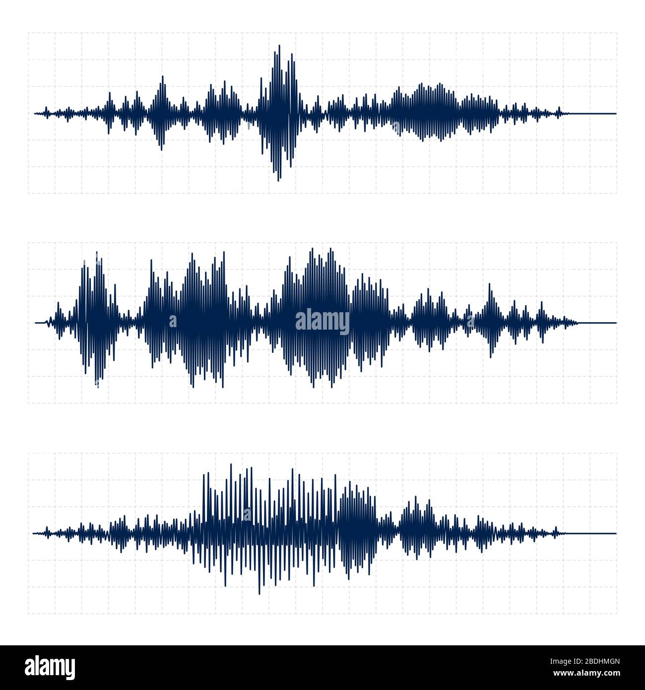 Grafico sismografico. Diagramma di attività sismica, onde a radiofrequenza e set di vettori per grafici a forma d'onda dell'oscilloscopio. Curva sismica su nastro di carta. Bugia Illustrazione Vettoriale