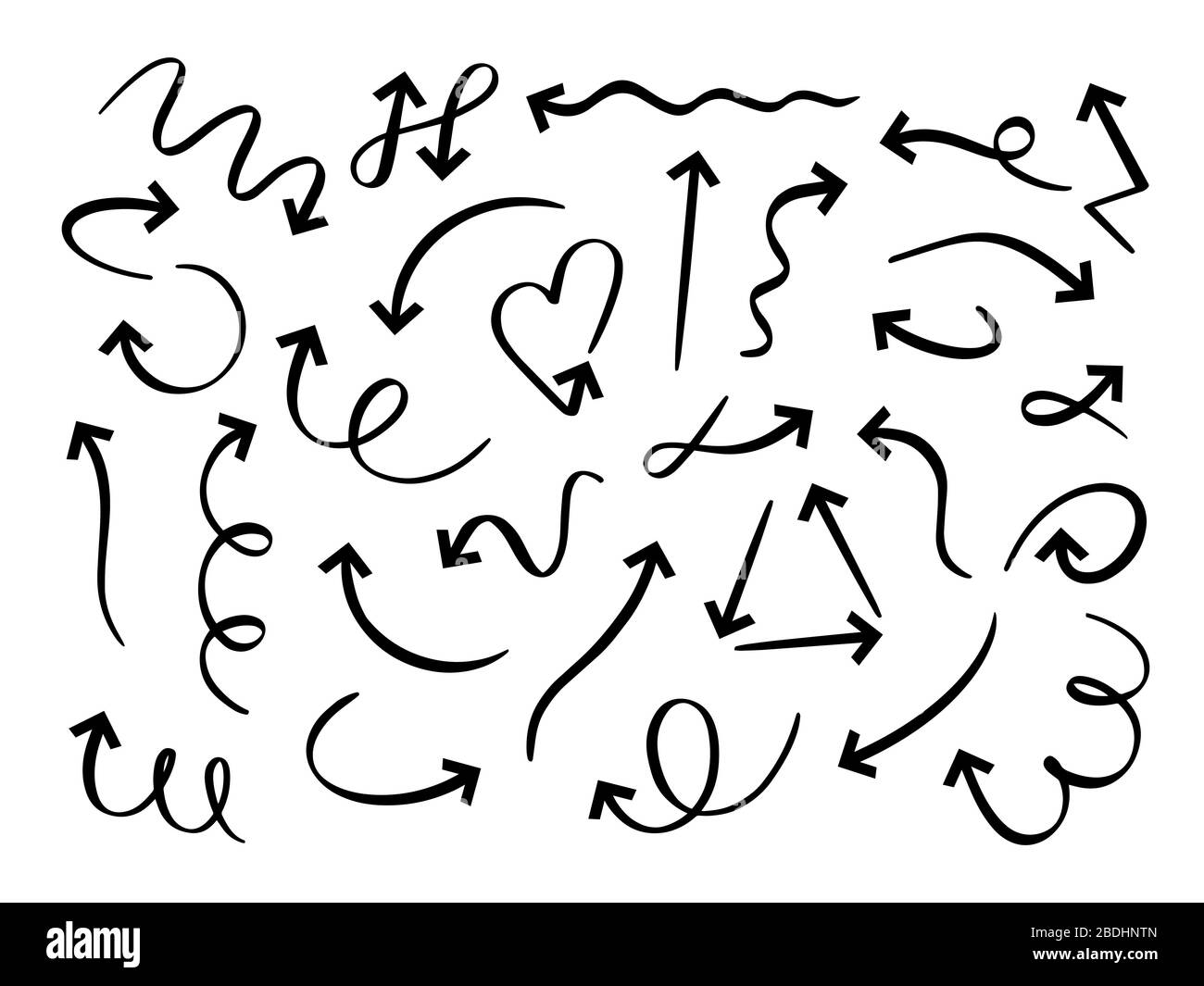 Set di frecce disegnate a mano. Freccia di schizzo, linea appuntita curva di incisione e set di vettori di puntatore circolare a dentello. Marcatore ritorto e circolare. Direzione Illustrazione Vettoriale