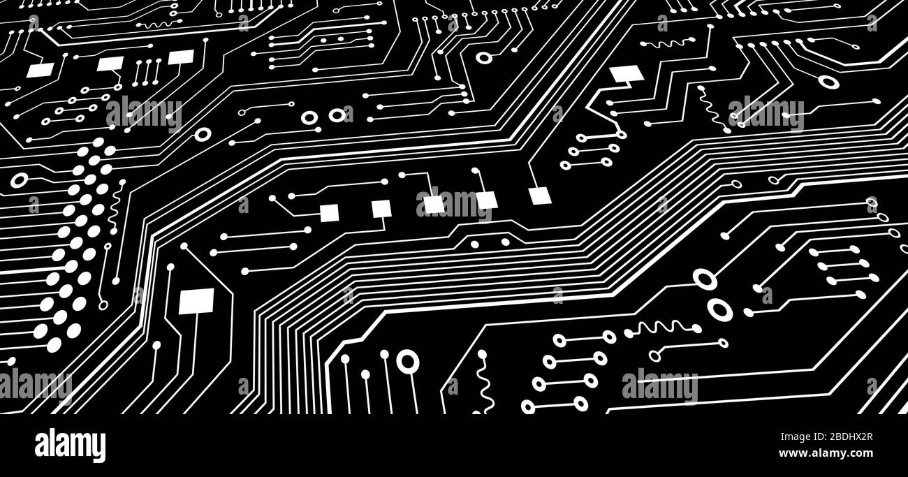 Tecnologie informatiche. Illustrazione della scheda madre in bianco e nero, panorama Foto Stock